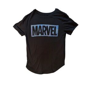 Marvel Graphic T-Shirt Black Iridescent Holographic Logo Curved Hem Small 3-5